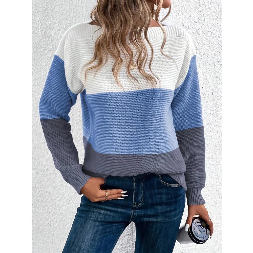 Autumn and Winter Knitted Sweater Women's Contrasting Color Spliced Round Neck Long Sleeved Pullover Top