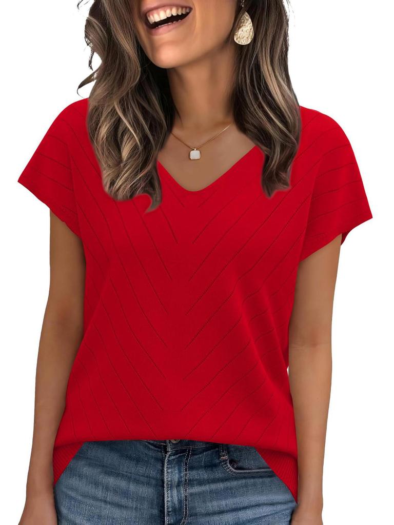 Летний горячий тренд 2026 года Пляжный отдых Короткий рукав V-образный вырез Ажурный повседневный вязаный свитер для женщин