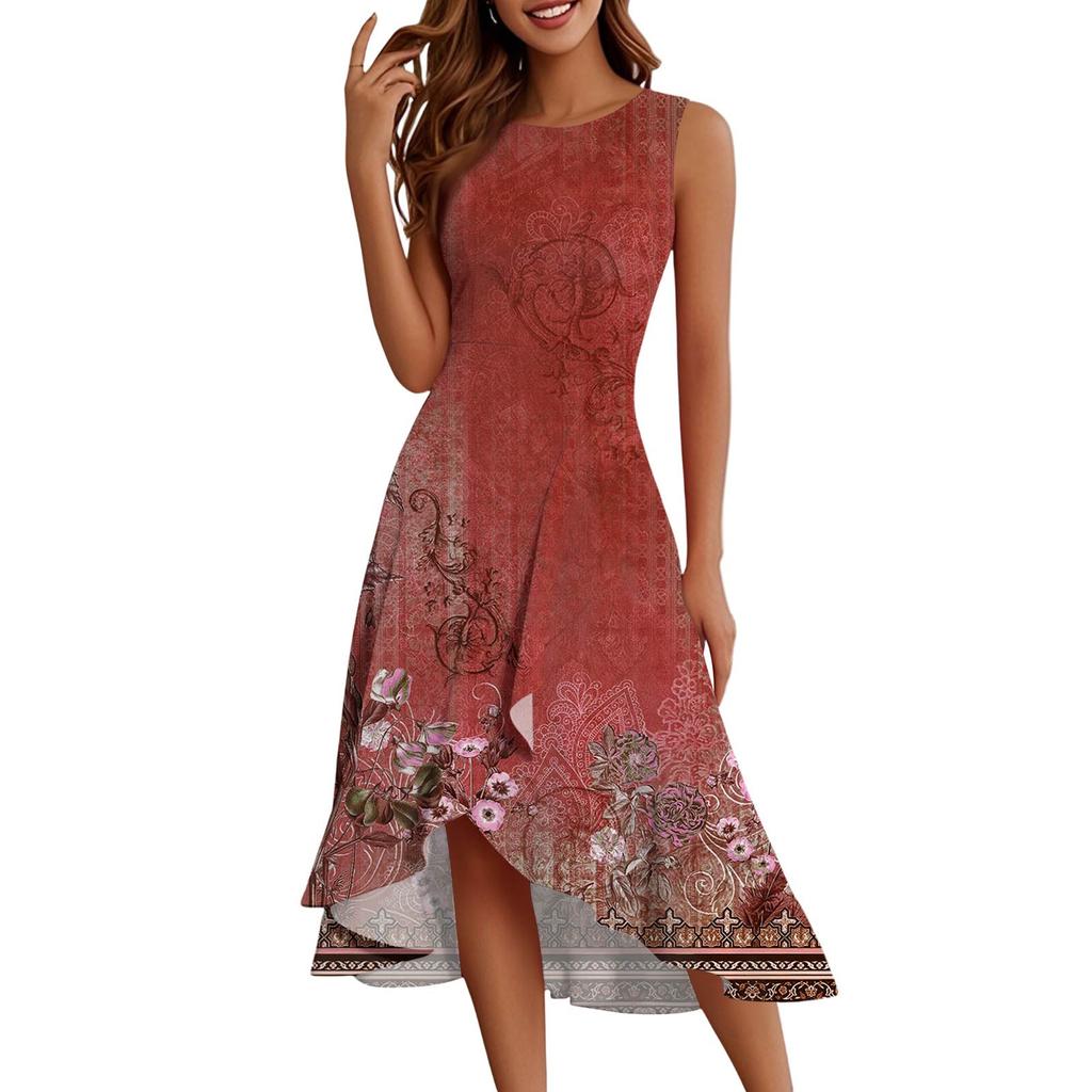 Женские модные повседневные платья без рукавов с круглым вырезом и принтом, элегантные, темпераментные, с оборками