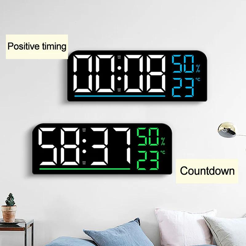 Large Screen LED Digital Wall Clock Time Temperature Humidity Display 2-Alarms Clocks Brightness Adjustable Electronic Clock
