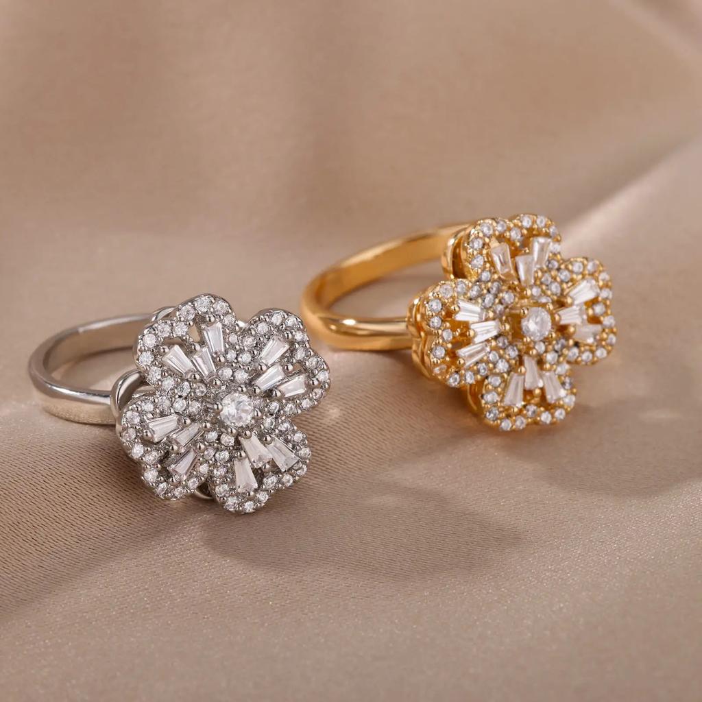 Rotatable Four-leaf Clover Love Zircon Flower Ring Creative Design Sense Free Rotation Anti-pressure Ring