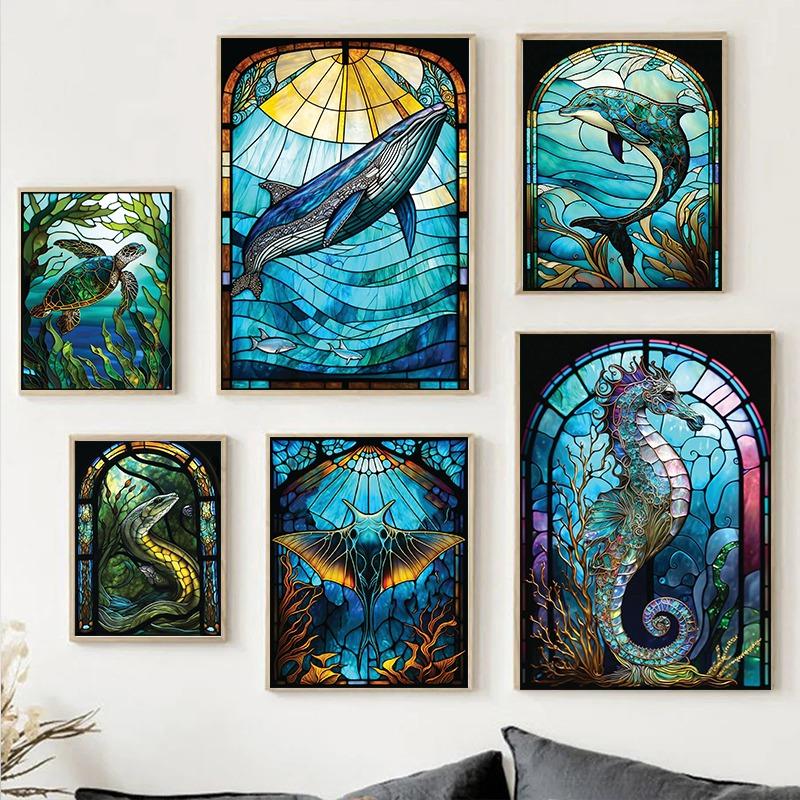 Abstract Sealife Stained Glass Pattern Art Poster Prints Canvas Painting Seahorse Manta Ray Whale Shark Dolphin Home Decor