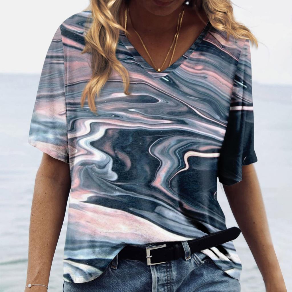 Women's Fashion Casual Printed V-Neck Short Sleeve Top Blouse