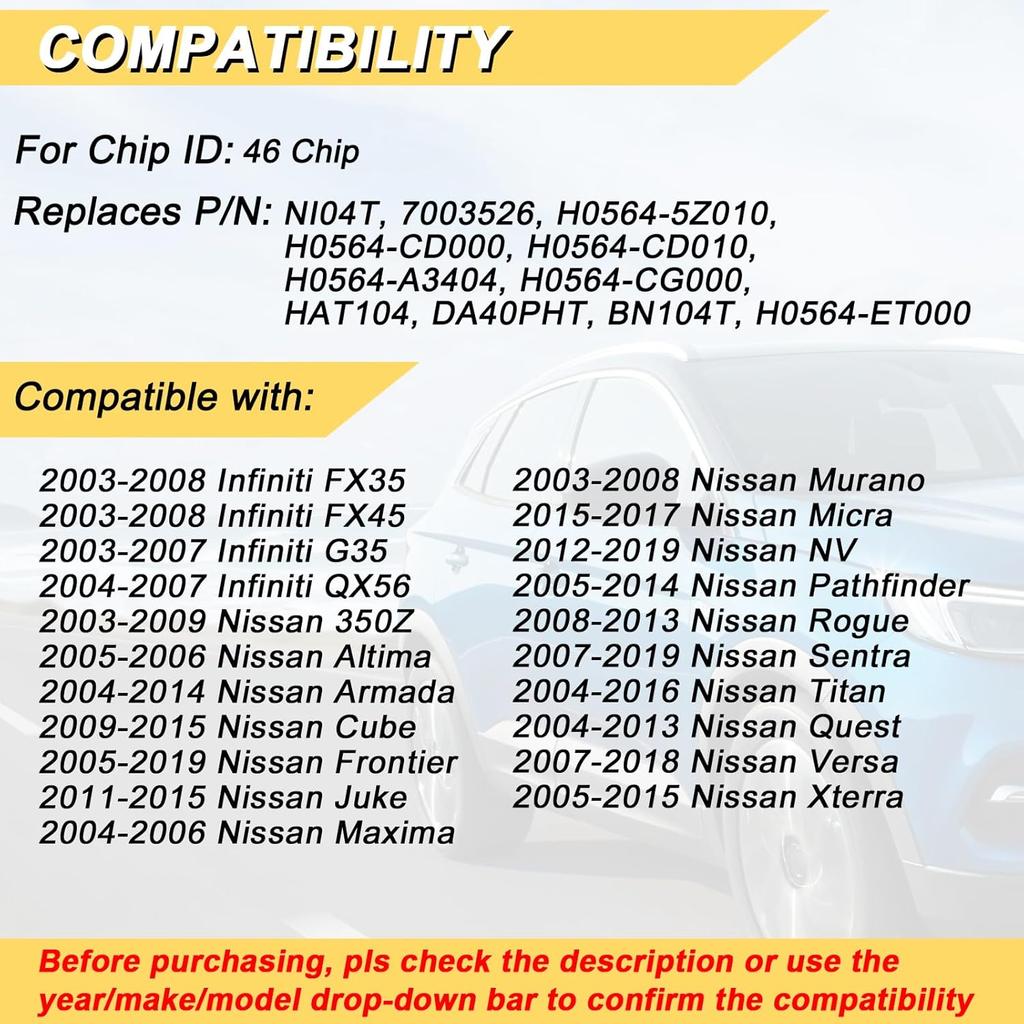 46 Chip Transponder Ignition Car Key Replacement For Nissan Altima Titan Frontier Quest Maxima Rogue Infiniti FX35 FX45, New Uncut, 2Pcs, Locksmith