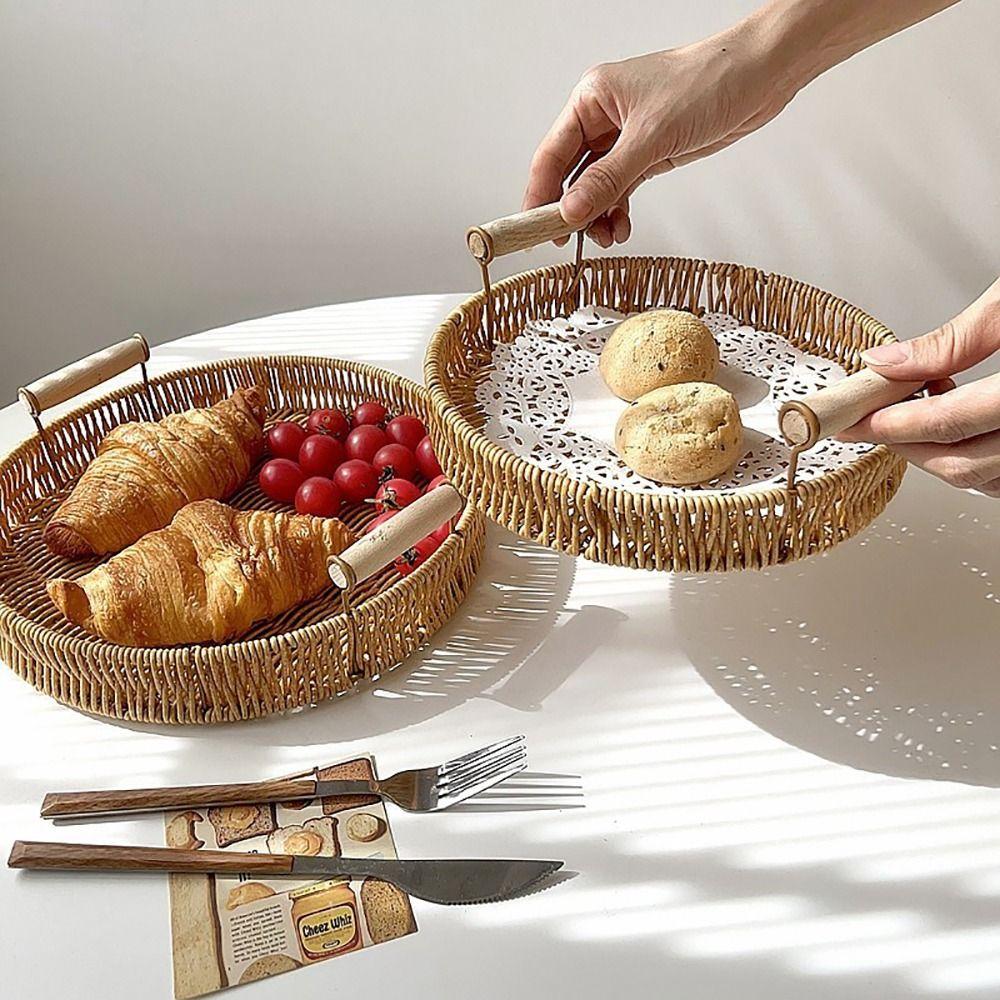 1Pcs Round Shape Storage Tray Fruit Vegetable Cake Wicker Plastic Rattan Threads Basket