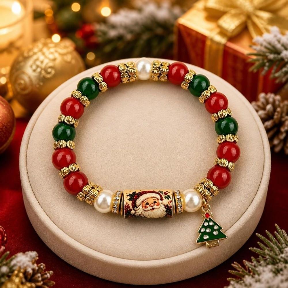 Santa Claus Beaded Bracelet Crystal Pearl Women Bangle Christmas Themed Christmas Bracelet Girl