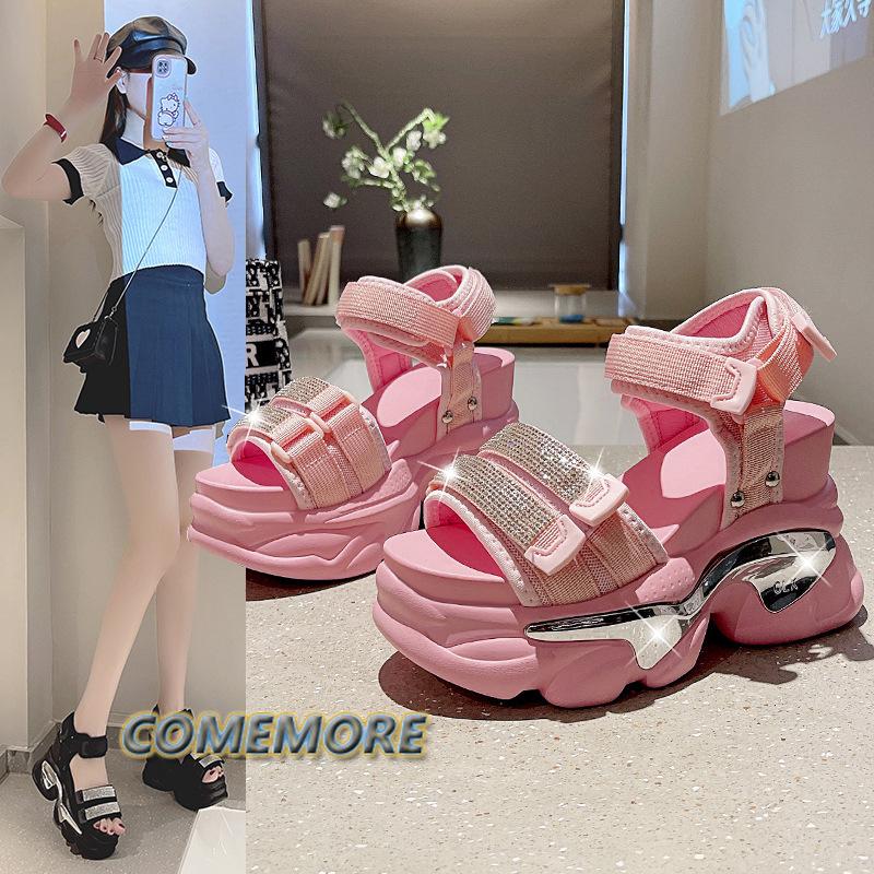 Модная женская летняя обувь с открытым носком на платформе и танкетке, босоножки на липучке 2024, женская спортивная повседневная обувь, пляжные сандалии со стразами, женские