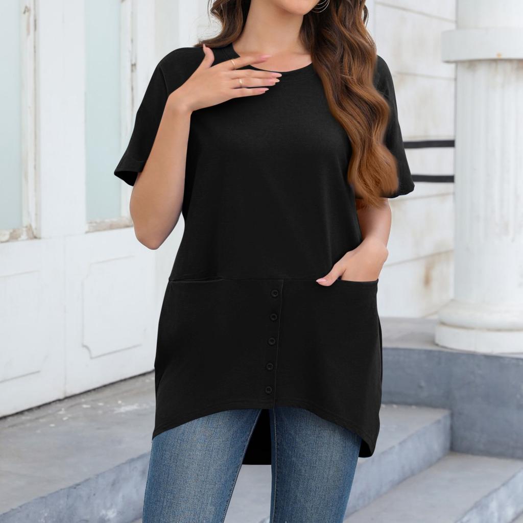 Женская повседневная однотонная свободная футболка с круглым вырезом и короткими рукавами большого размера с карманами