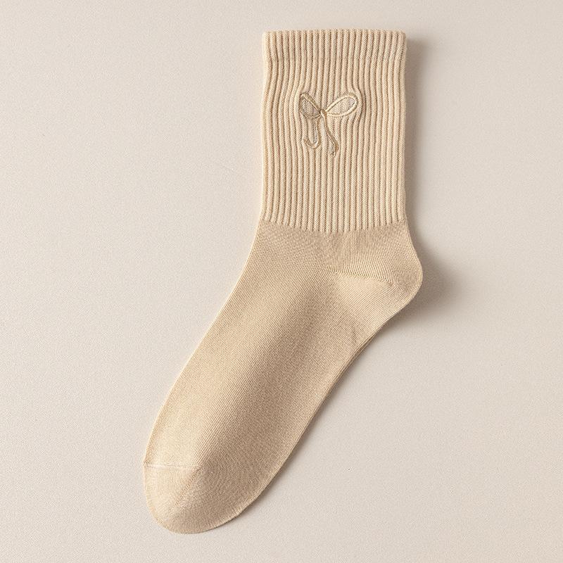 Однотонные универсальные носки до середины икры, простые длинные носки для осени и зимы, милые хлопковые носки с бантом, женские носки для весны и осени