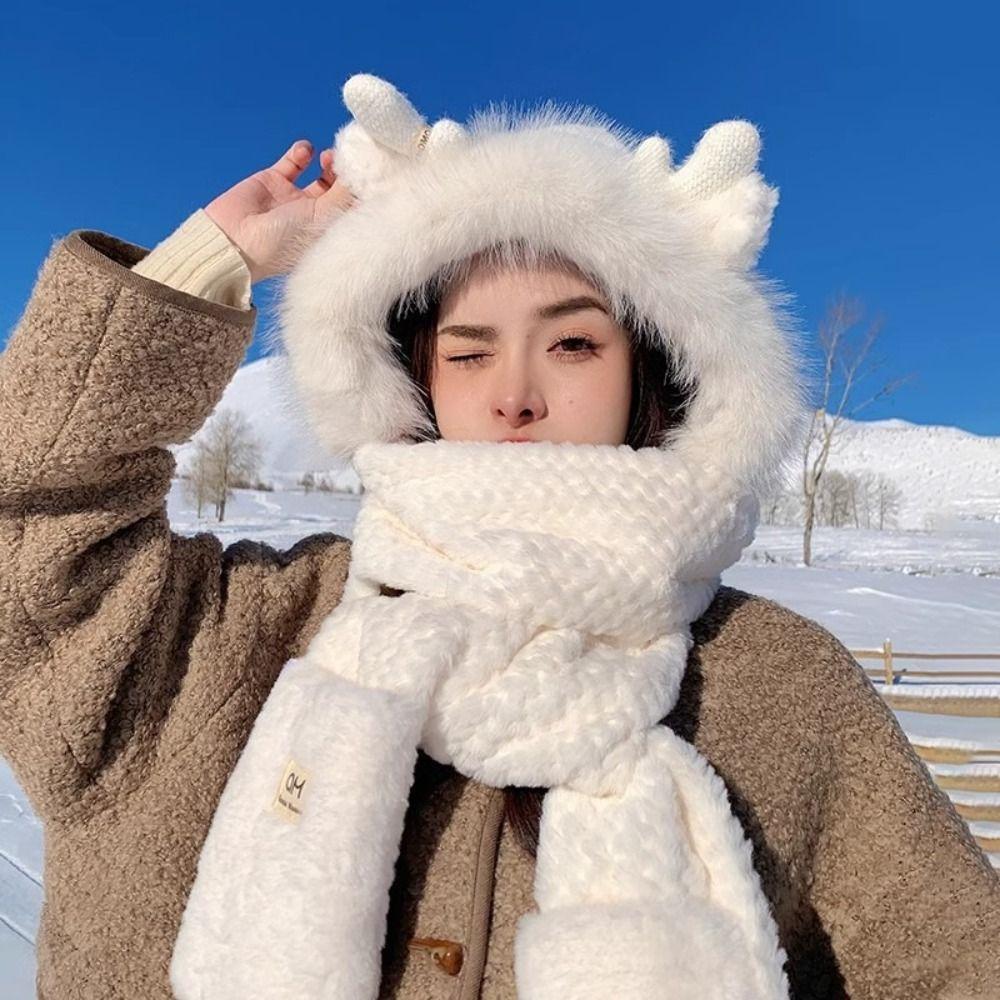 Ear Protection Bear Deer Ears Hat Soft Plush Integrated Cap Scarf Cartoon Winter Hat  Women