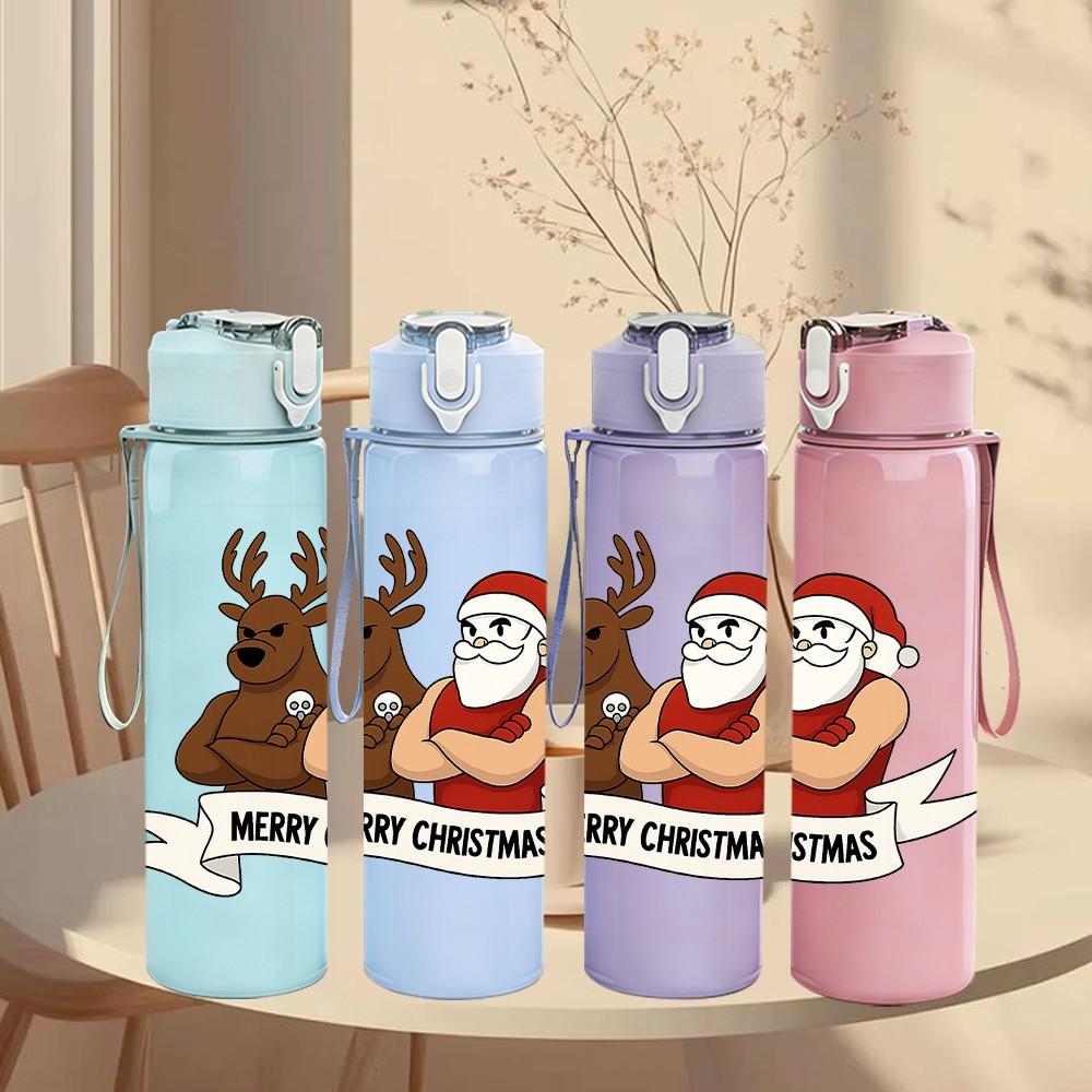 1PC Santa Deer Christmas 750ml Color Plastic Sports Water Bottle Leakproof Flip Straw Lid Suitable for Sports Office Home Use