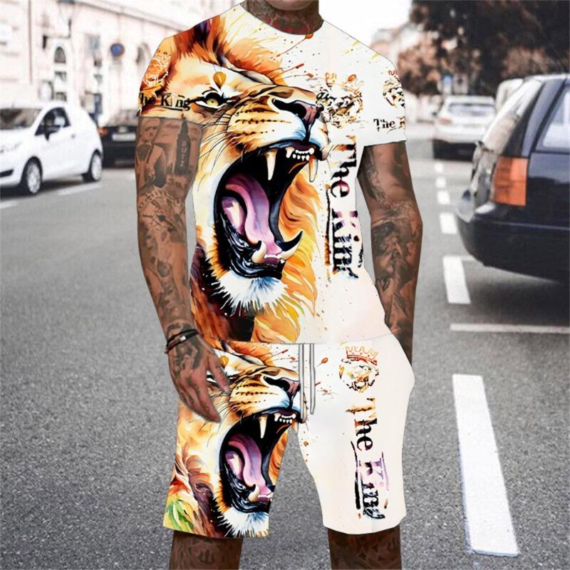 Комплект мужских футболок с принтом «Король Лев» 3D, летняя футболка с короткими рукавами и круглым воротником 2024 года, повседневный комплект мужской одежды для активного отдыха в стиле 3D