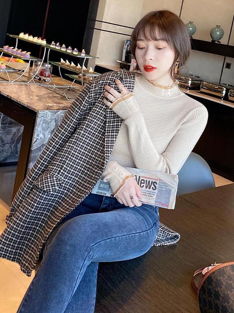 Вязаный свитер с оборками и высоким воротом Стильные повседневные топы Вязаный свитер Домашняя координация Свободная вязка Индивидуальность Эмоциональные брюки Стиль Харадзюку Харадзюку