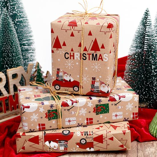 Винтажная толстая коричневая праздничная упаковочная бумага с рисунком рождественской елки, грузовика, снежинки для дня рождения, Нового года, для вечеринки