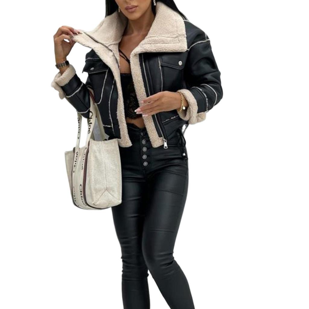 Женская куртка из искусственной кожи и флиса для мотоцикла с воротником-стойкой и короткой молнией (Модель 3120)