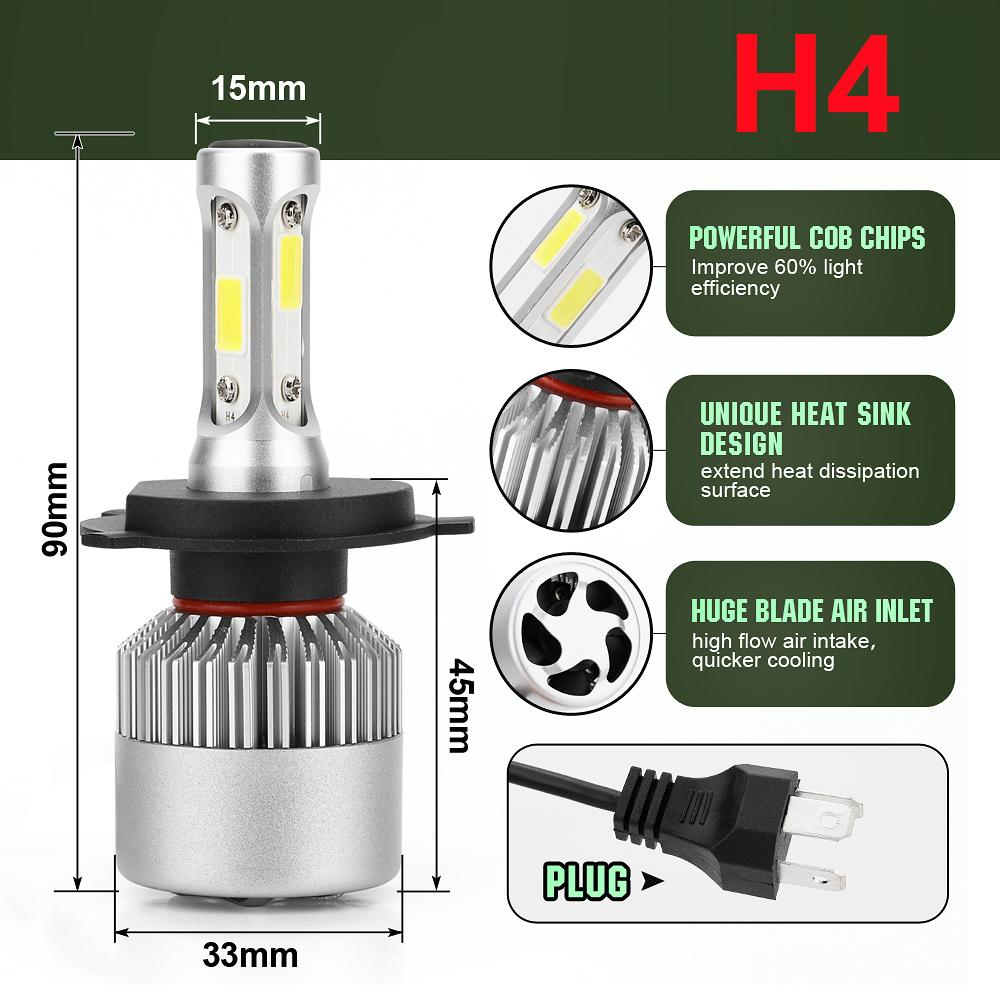 2Pcs/Lot LED H1 H3 H7 H4 H13 H11 9004 880 9007 Auto S2 Car Headlight Bulbs 72W 8000LM 6500K for 9V To 36V 200M Lighting Range