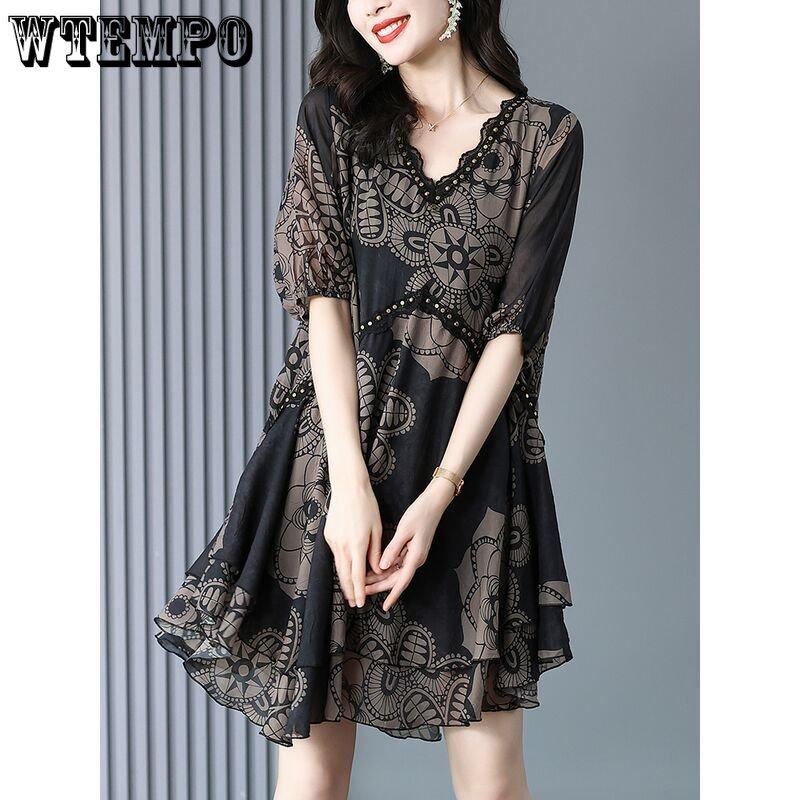 Женское летнее шифоновое платье в стиле ретро с v-образным вырезом и принтом, модное свободное платье трапециевидной формы