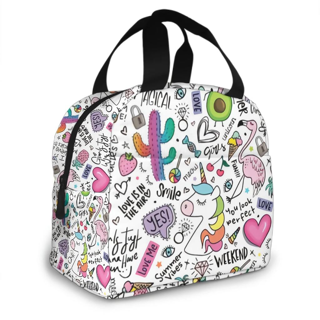 Fun Doodle With Unicorn Flamingo Cactus Pineapple Insulated Lunch Bag Lunch Box Containers for Women Men Office School Picnic