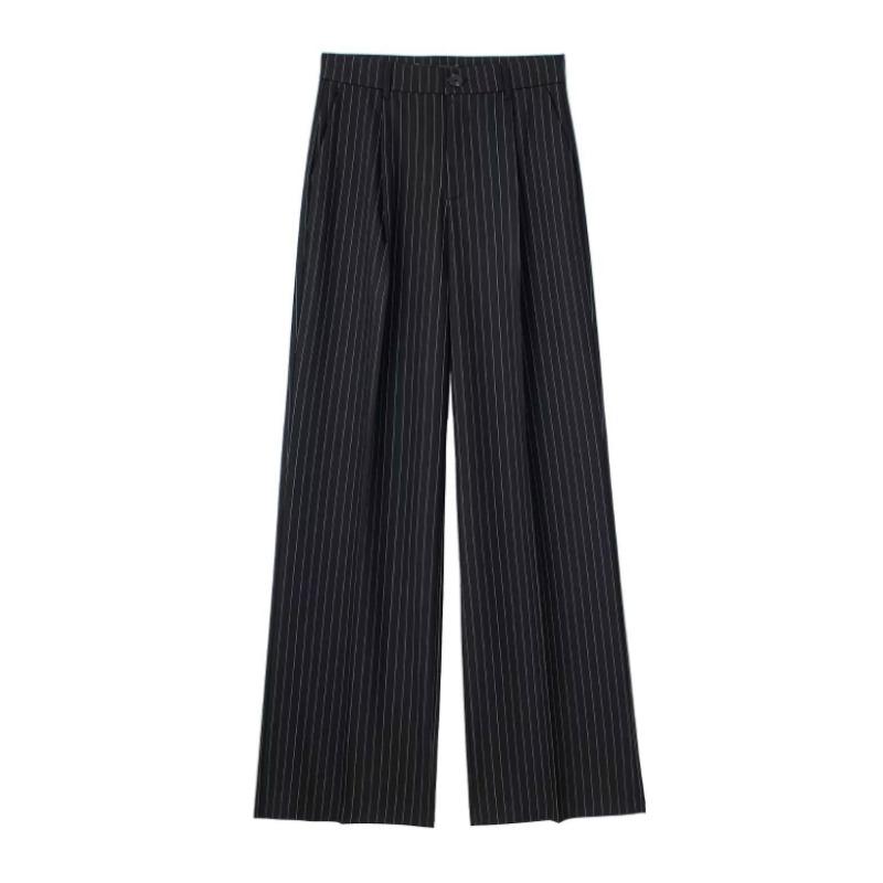 Women Fashion Solid Pleated Front Zipper Wide Leg Pants Vintage High Waist Full Length Female Chic Lady Trousers