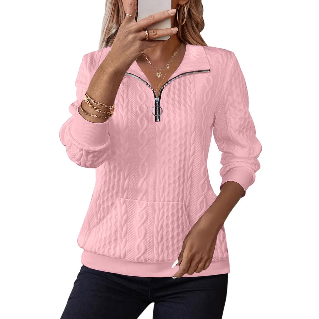 Women's Fashion Long Sleeve Solid Color Casual Collared Zipper Long Sleeve Pocket Sweatshirt