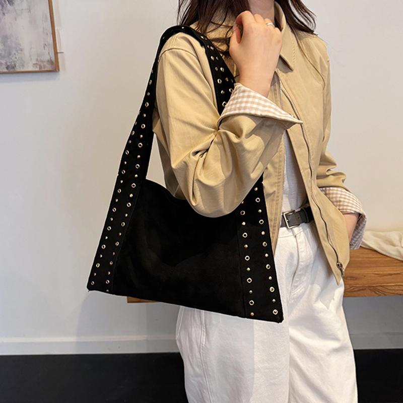 Ретро Замшевые Сумки через Плечо с Заклепками, Рабочие Сумки из ПУ Кожи, Большая Сумка-Тоут, Мешковатая Сумка-Локомотив для Женщин, для Путешествий, Зима, Осень