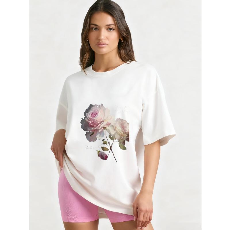 Футболка оверсайз черная с цветочным принтом из роз и вдохновляющей цитатой, повседневная