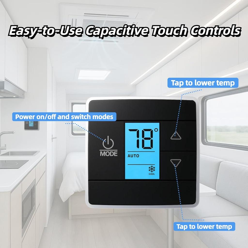 RV Thermostat Compatible With Dometic 3316250.712, 3-Wire Single Zone Control For Cool/Heat, 12V DC, Capacitive Touch, Blue Backlight