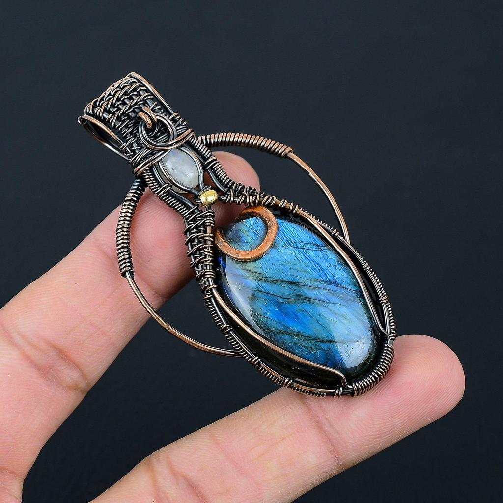 Labradorite & Moonstone Gemstone Handmade Pure Copper Wire Wrap Pendant For Women
