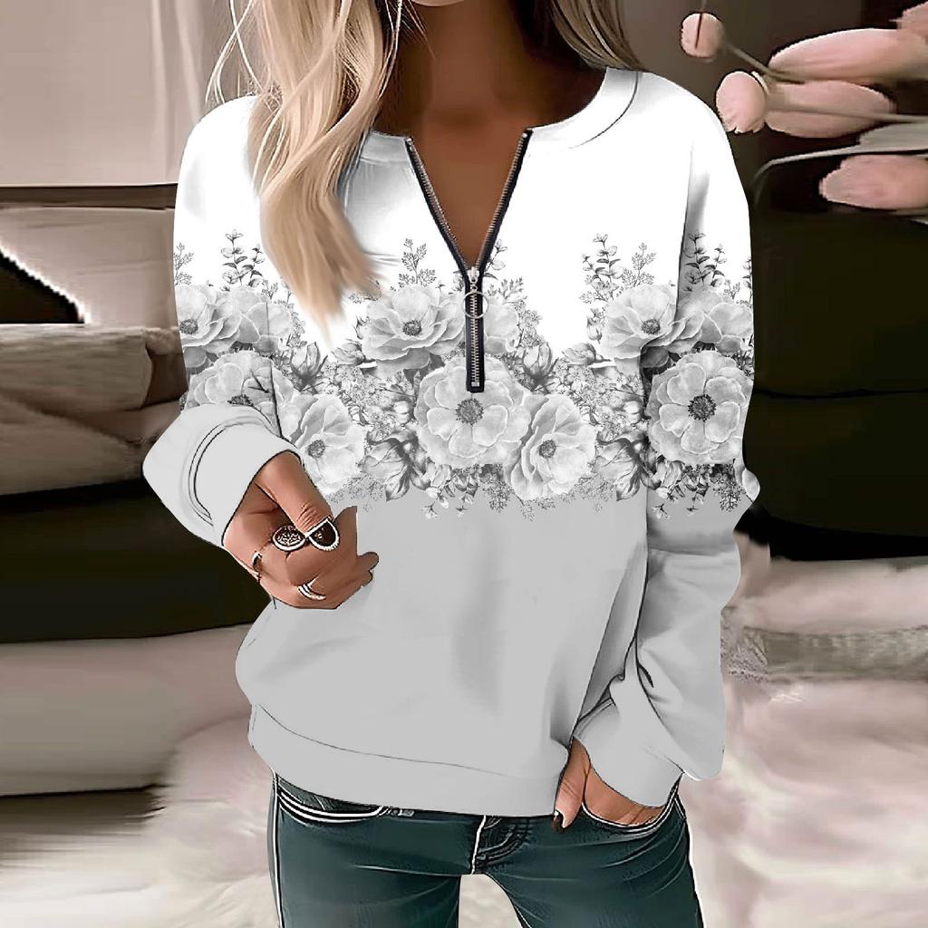Women Sweatshirt Pullover Basic Quarter Zipper Long Sleeve Print Flowers Hoodie Casual Top
