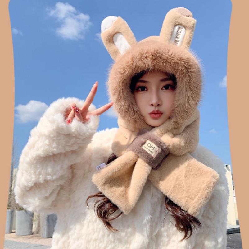 Cute Hat Scarf Integrated Winter Thickened Hat Scarf  Ear  Windproof Cute Fashion Outdoor Winter Warm Hat Plush Furry Plus Scarf Two-piece Set