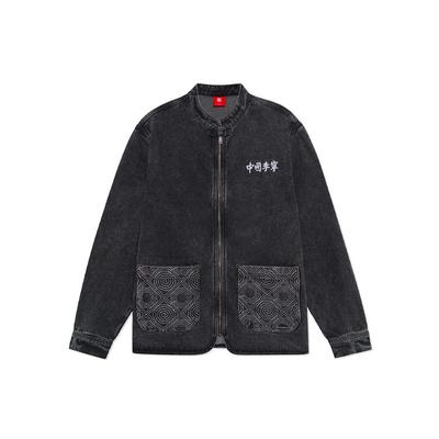 Мужская куртка из денима с вышитым логотипом Li Ning, свободная, сшитая, черная AJDS106-2