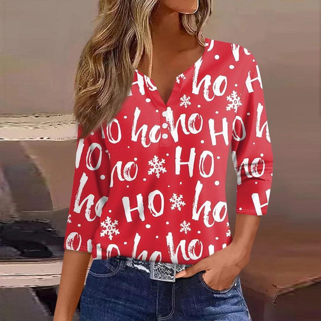 Женская футболка с рождественским принтом, на пуговицах, рукав 3/4, повседневная мода на выходные, базовый топ с V-образным вырезом