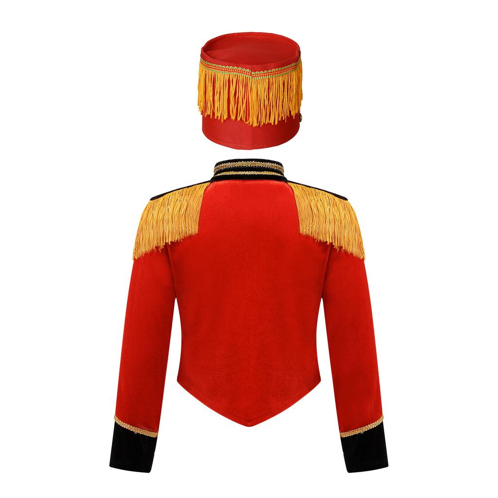 Girls Marching Band Costume Set Long Sleeve Stand Collar Tassel Shoulder Button Down Jacket Hat