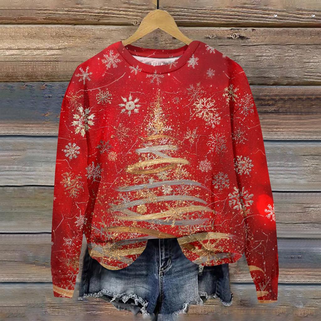 Женская модная рождественская принтованная толстовка с длинным рукавом и круглым вырезом