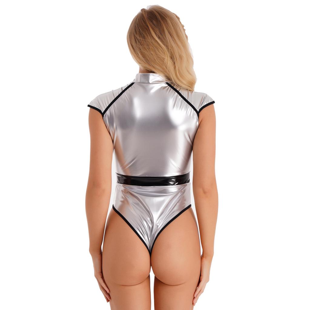 Женский костюм на Хэллоуин с блюдцем, мужской костюм для ролевых игр, боди на молнии спереди с высоким вырезом, комбинезон из лакированной кожи с высоким вырезом