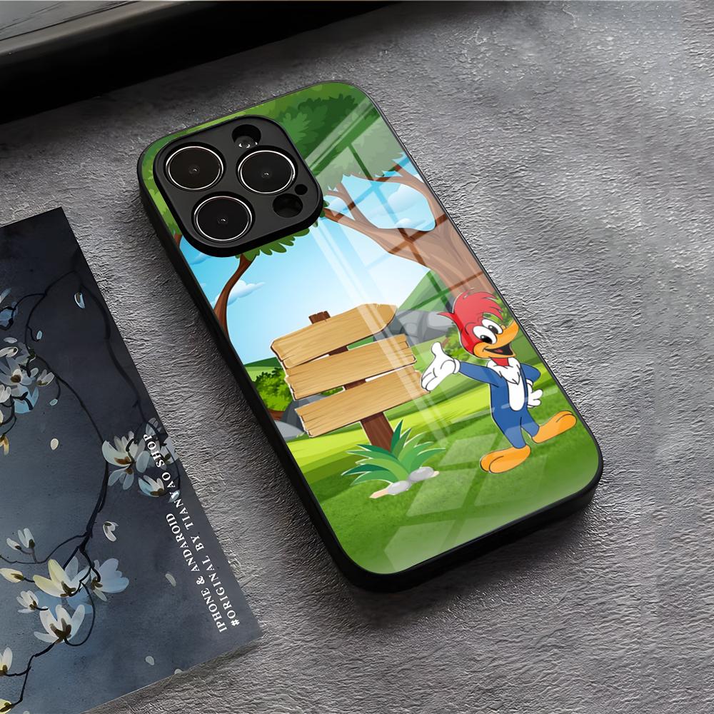 Чехол для телефона Дятел Вуди для iPhone 17 Air 16 E Pro Max 15 14 13 Mini 12 Pro 11 Max Plus Черная Стеклянная Крышка