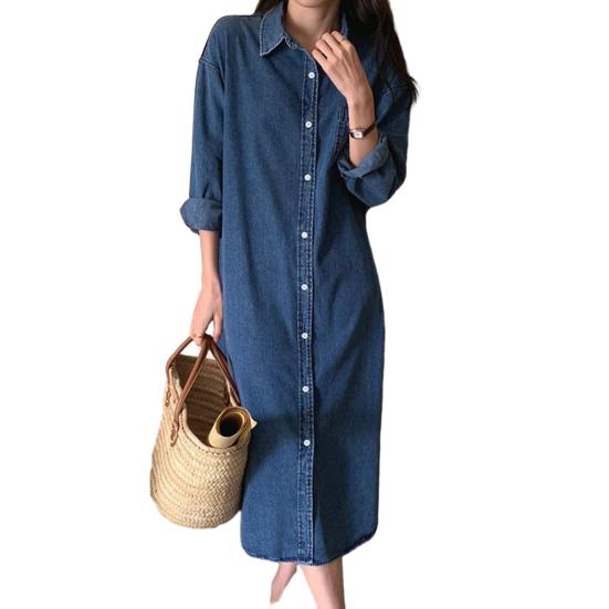 Женское джинсовое платье-рубашка с длинным рукавом и пуговицами, летнее повседневное свободное джинсовое платье с карманом