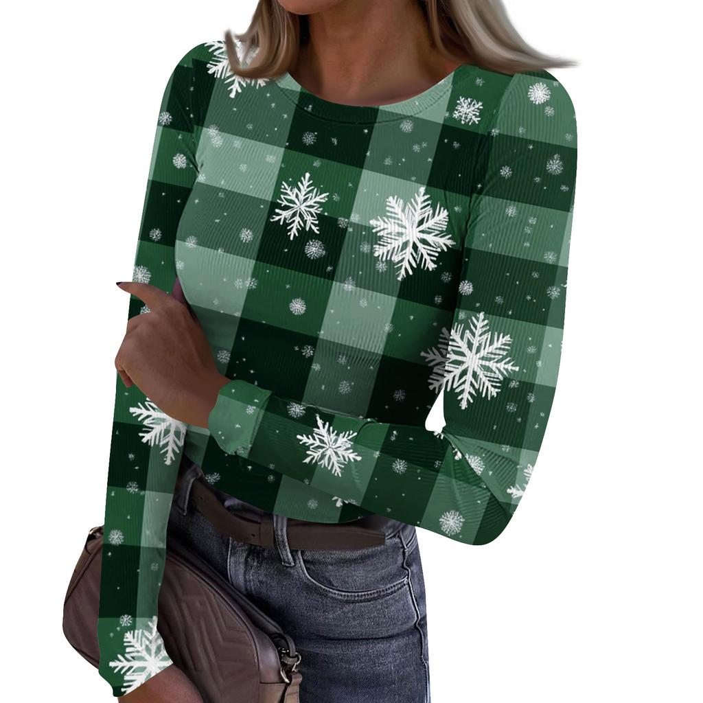 Women's Fashion Slim-Fit Round Neck Base Layer T-Shirt Christmas Print Long-Sleeved Top