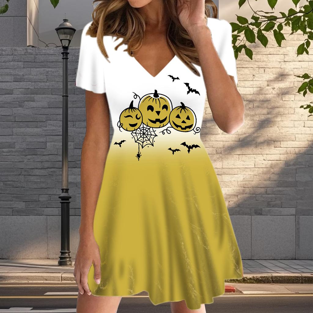 Летняя мода женские V-образный вырез короткий рукав Хэллоуин принтованное платье сексуальные короткие юбки платья