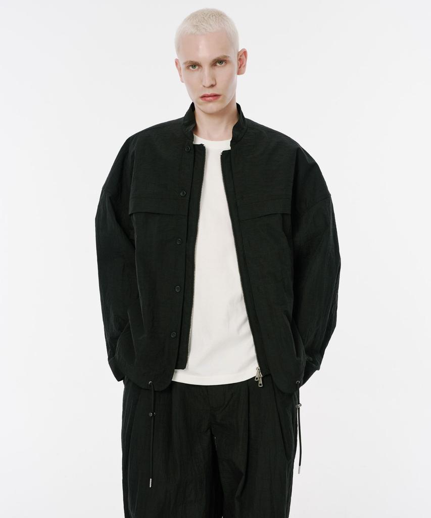 Codemorph Double Zipper Layered Linen Texture Jacket Black