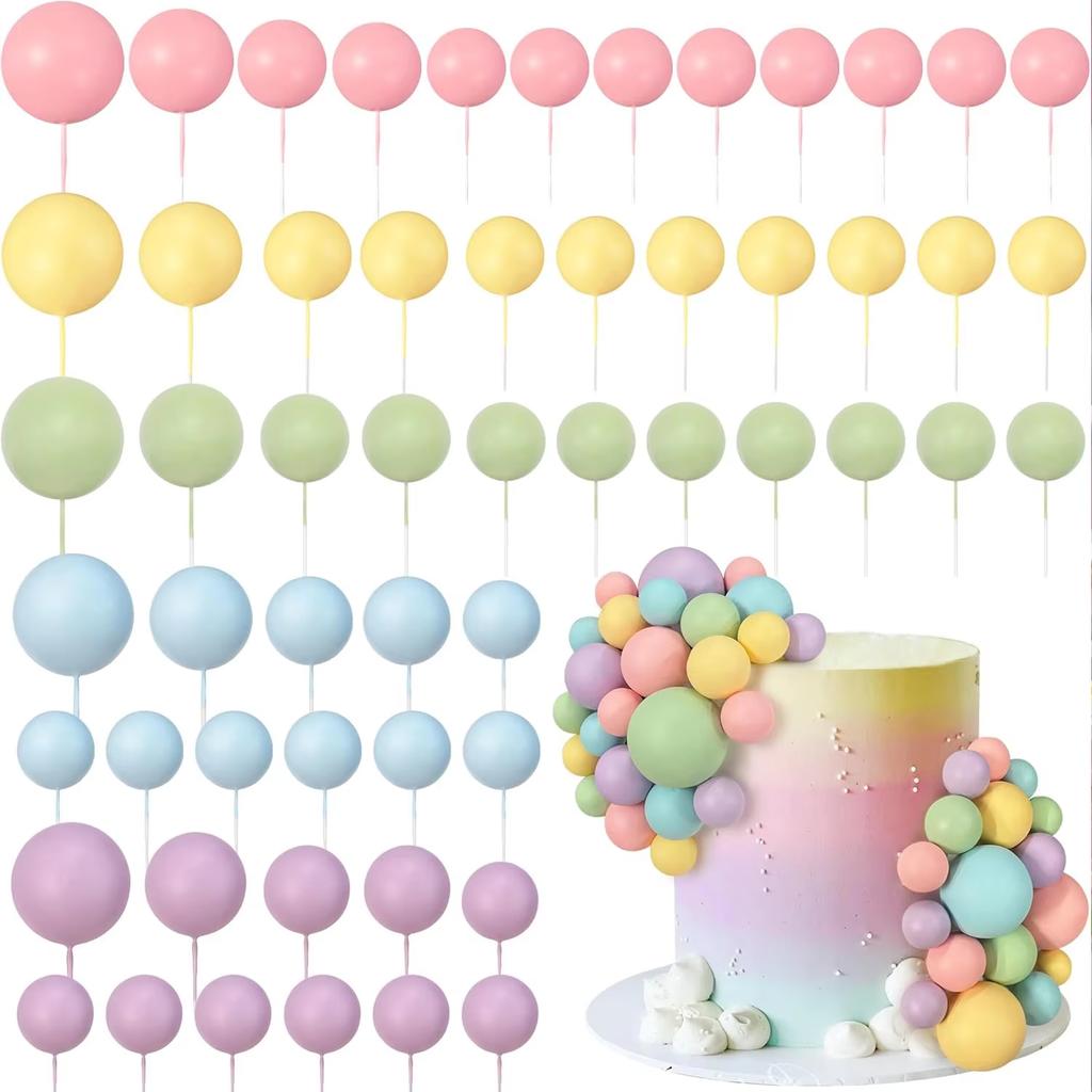 56 PCS Ball Cake Toppers - Colorful Pearl Cake Decorations for Birthday, Wedding, Cupcakes Ball Party Supplies DIY Dessert Decor