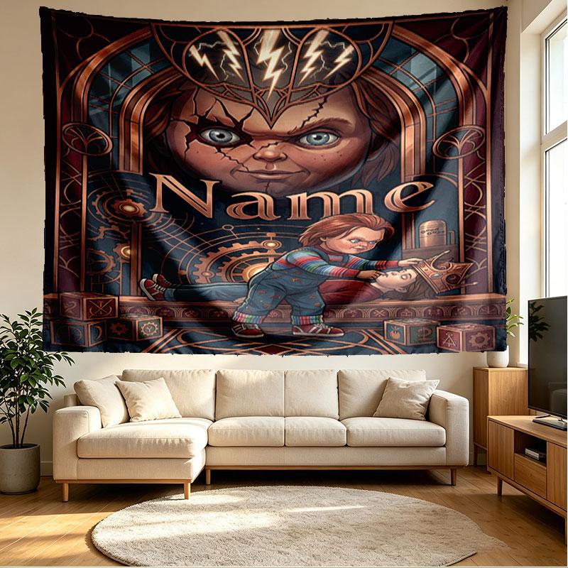 Custom Name Personalized Horror Theme Chucky Print Tapestry, Wall Art Decor, Bedroom, Dorm, Apartment, LivingRoom, Party Backdrop, Gift for Birthday