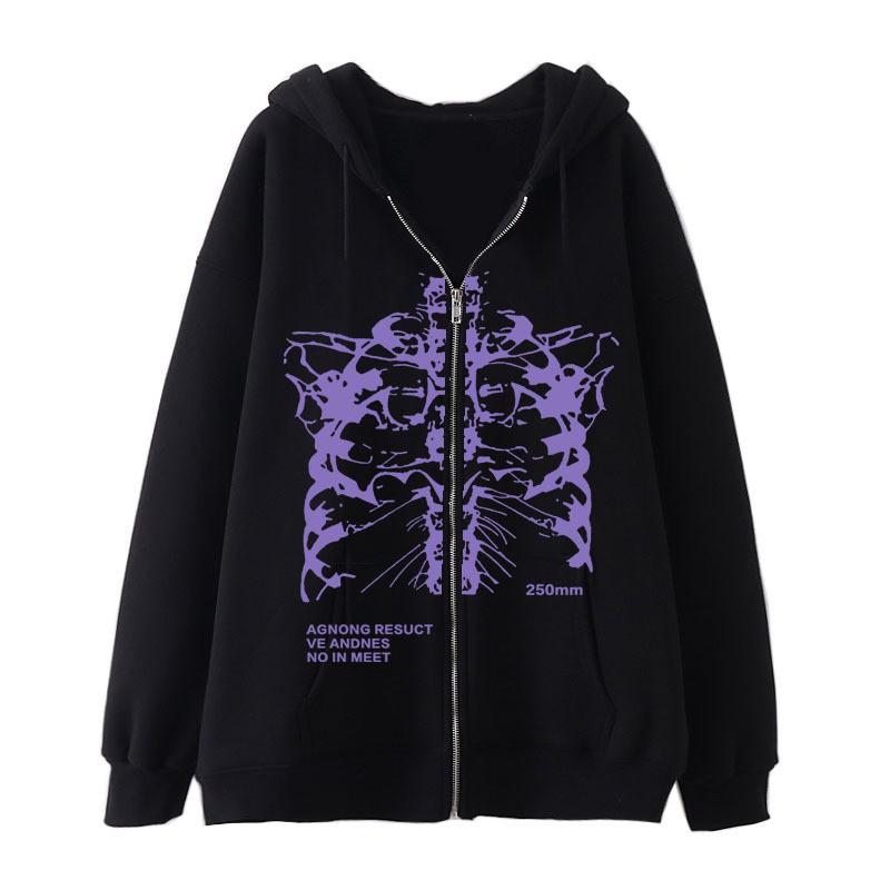 Skull Wing Print Hooded Zip-Up Sweatshirt Women Loose Fit Fleece Lined Long Sleeve Streetwear