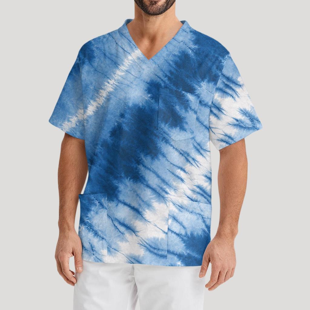 Мужская рабочая блузка с короткими рукавами и v-образным вырезом с принтом, топ с нагрудным карманом