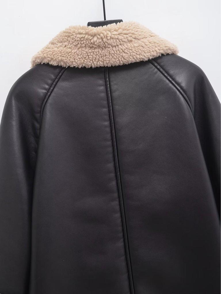 European & American Style Autumn/Winter Color Block Leather & Fur Lapel Jacket - Women’s Casual Motorcycle Coat