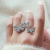 Women Finger Ring Three Rhinestones Ring Inlaid Adjustable Open Butterflies Exaggerated Finger Band Jewelry