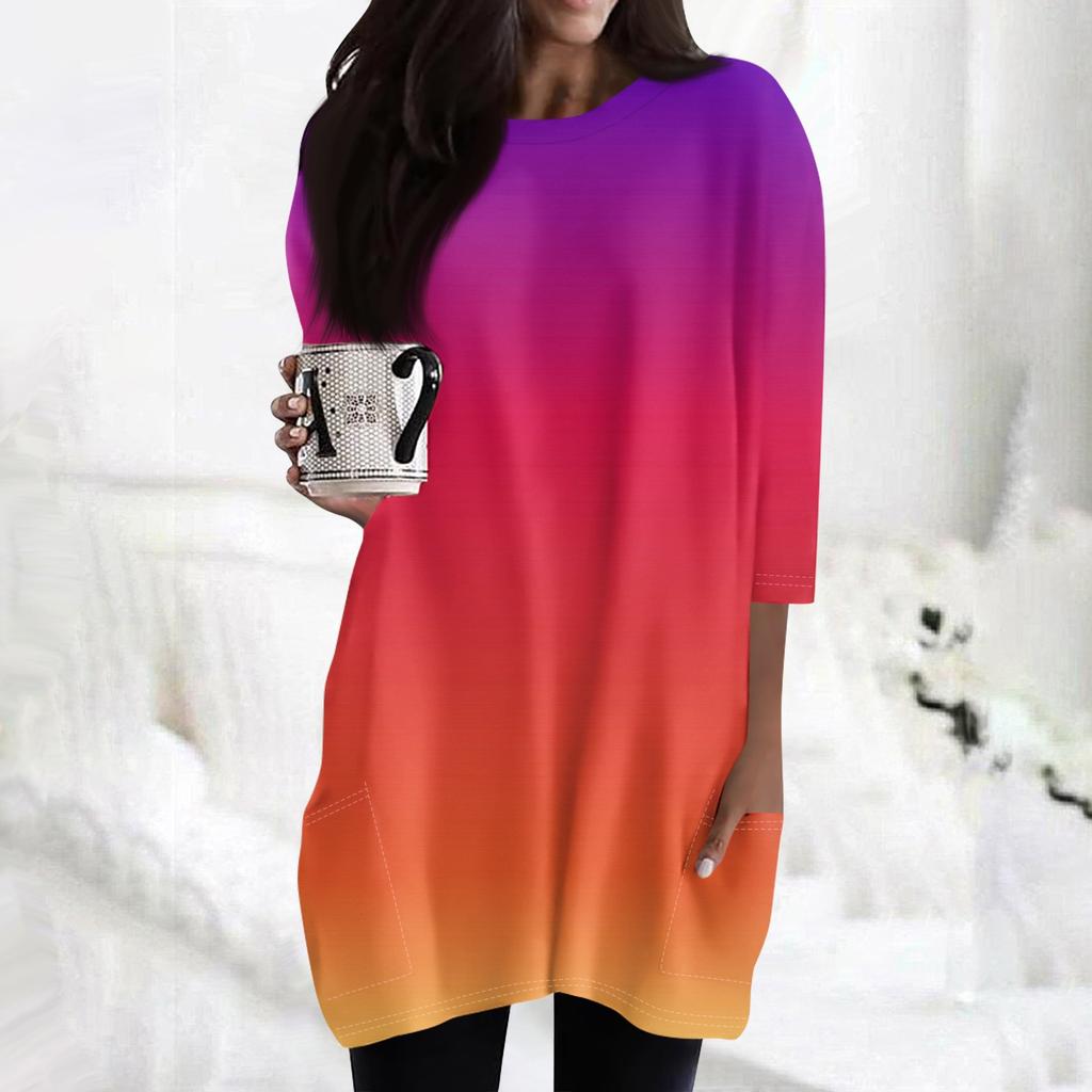Women's Fashion Casual 3/4 Sleeve Print Round Neck Double Pocket T-Shirt Top