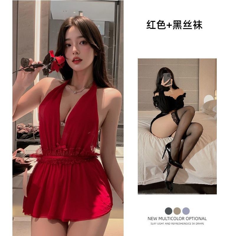 Sex underwear neck skirt European and American French nightgown dinner bar uniform mesh backless perspective nightclub dress