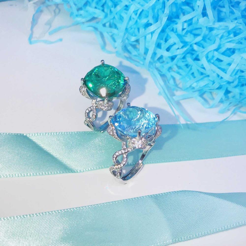 15ct Simulated Aquamarine Topaz Ring for Women Imitation Emerald Square Gemstone Jewelry