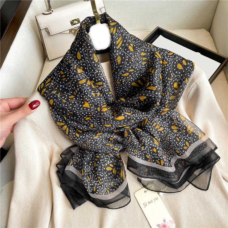 Temperament Flower Simulation Silk Pattern Scarf Women's Large Size Sunscreen Light Luxury Silk Scarf Commuter Large Shawl Yourou Gauze